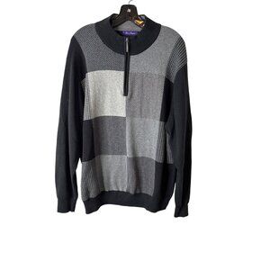 Alan Flusser Men's Cotton Black/Gray Large Check Sweater 1/4" Zip Size XL